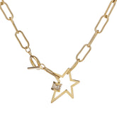 Stainless Steel Gold Plated Trendy Paper Clip Chain With Cubic Zirconia Star Charm